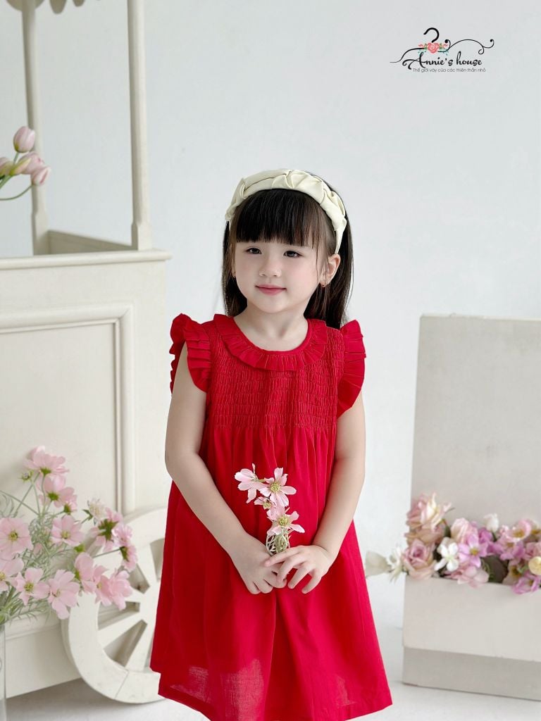  Đầm nhún thun tay con - Đỏ 