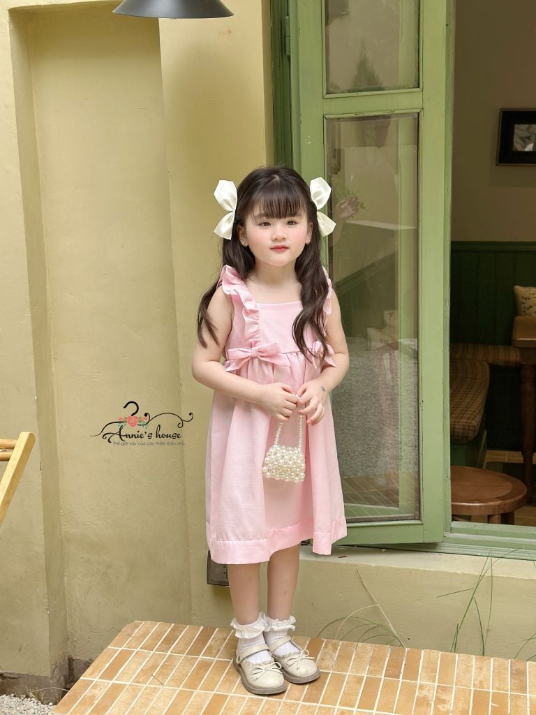  Đầm Lily - bèo vai đính nơ - Hồng Phấn 