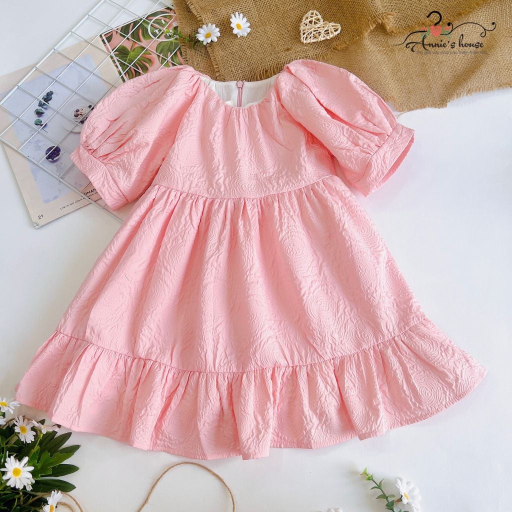  Đầm xốp gấm tay phồng - Hồng 