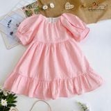  Đầm xốp gấm tay phồng - Hồng 