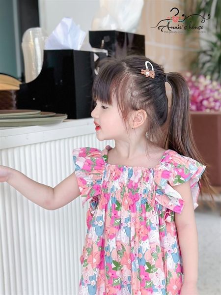  Đầm tay bèo nhún thun nơ 2 bên - Hoa Hồng 