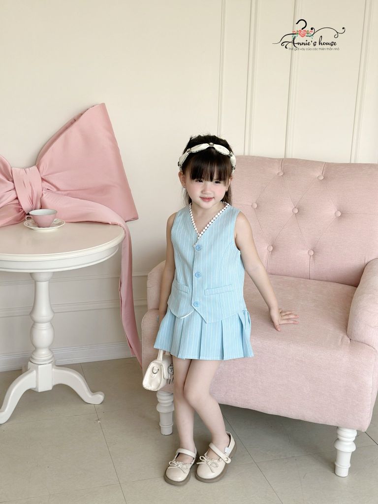  Set Gile chân váy dập li - Xanh 