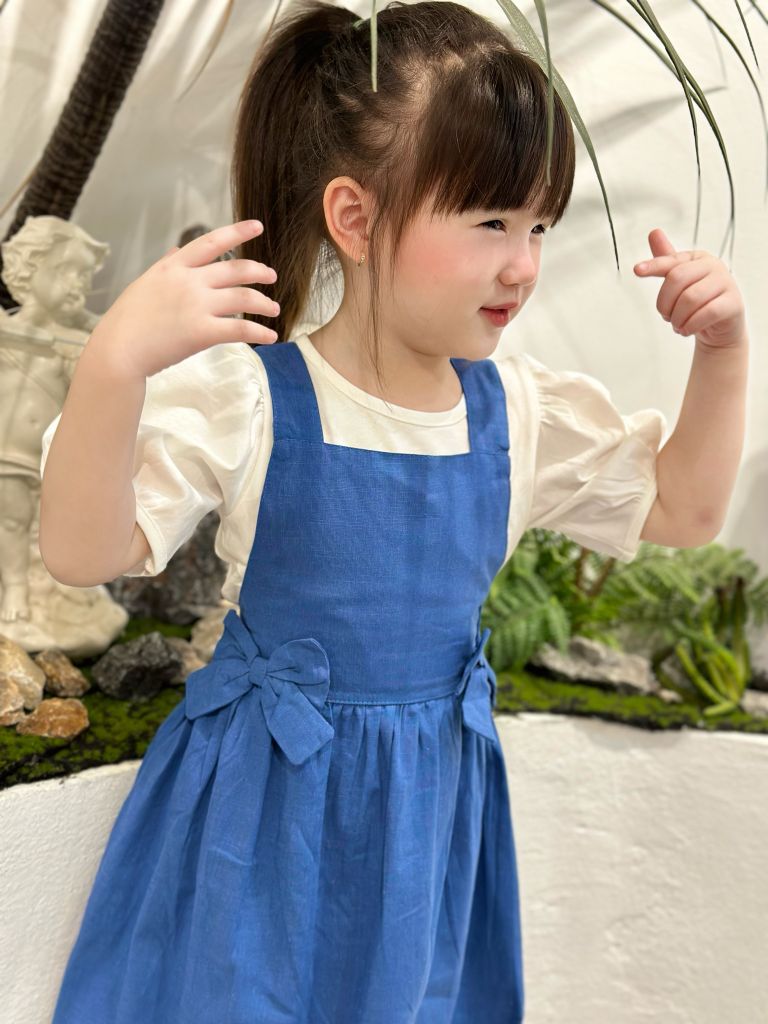  Set yếm linen đính nơ - Xanh Jean 