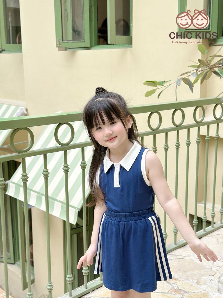  Set Sporty Chic - áo crop top viền trắng phối chân váy - Xanh 