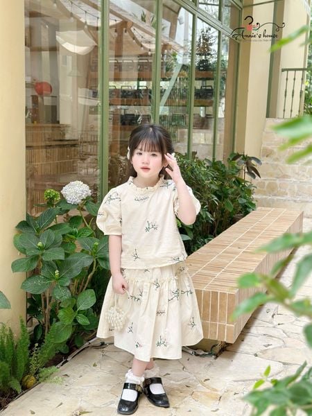  SET FLORENCE áo tay phồng kèm chân váy thêu - Hoa Hồng 