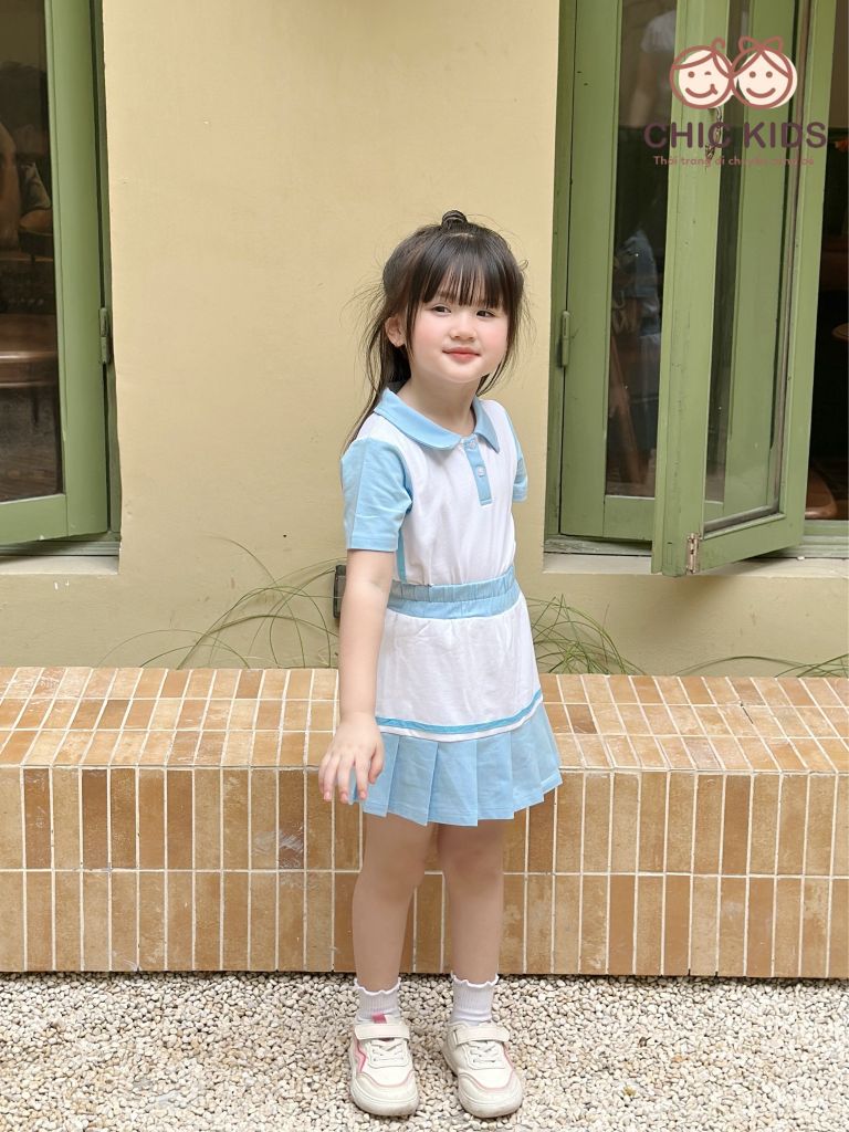  Set Active Chic - Thể Thao váy xếp pli - Trắng Xanh 