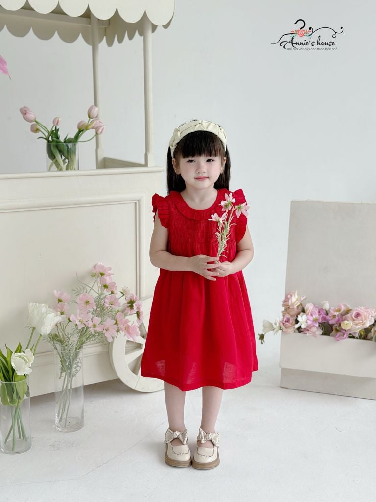  Đầm nhún thun tay con - Đỏ 