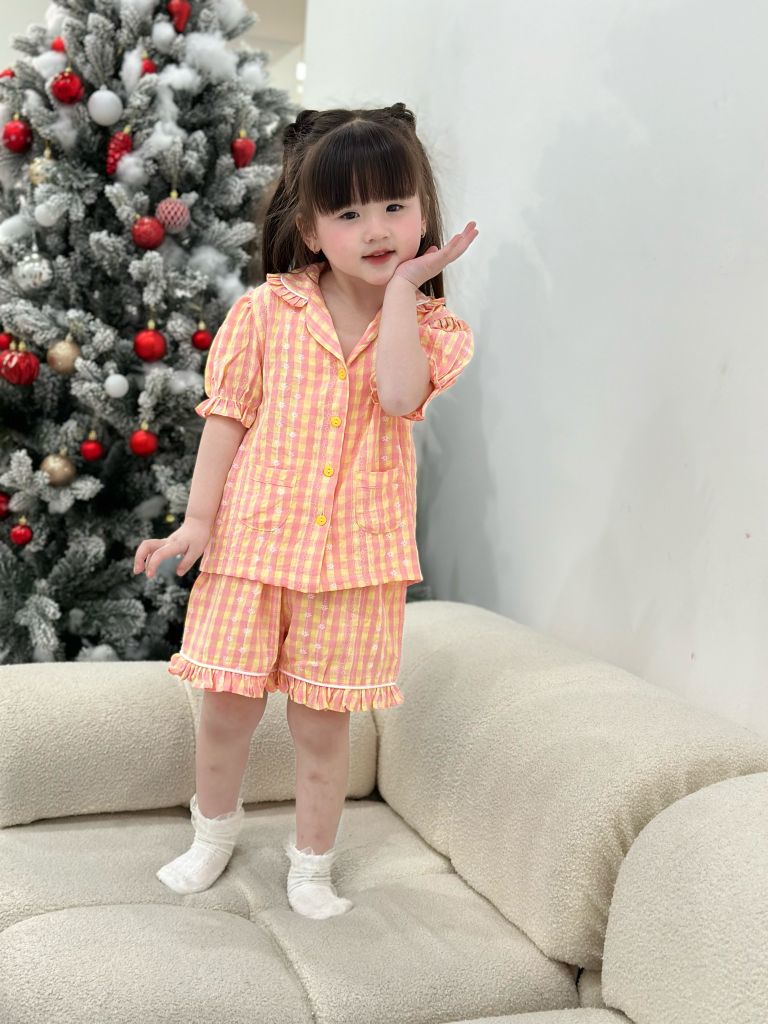  Bộ Pijama ngắn - caro hồng 