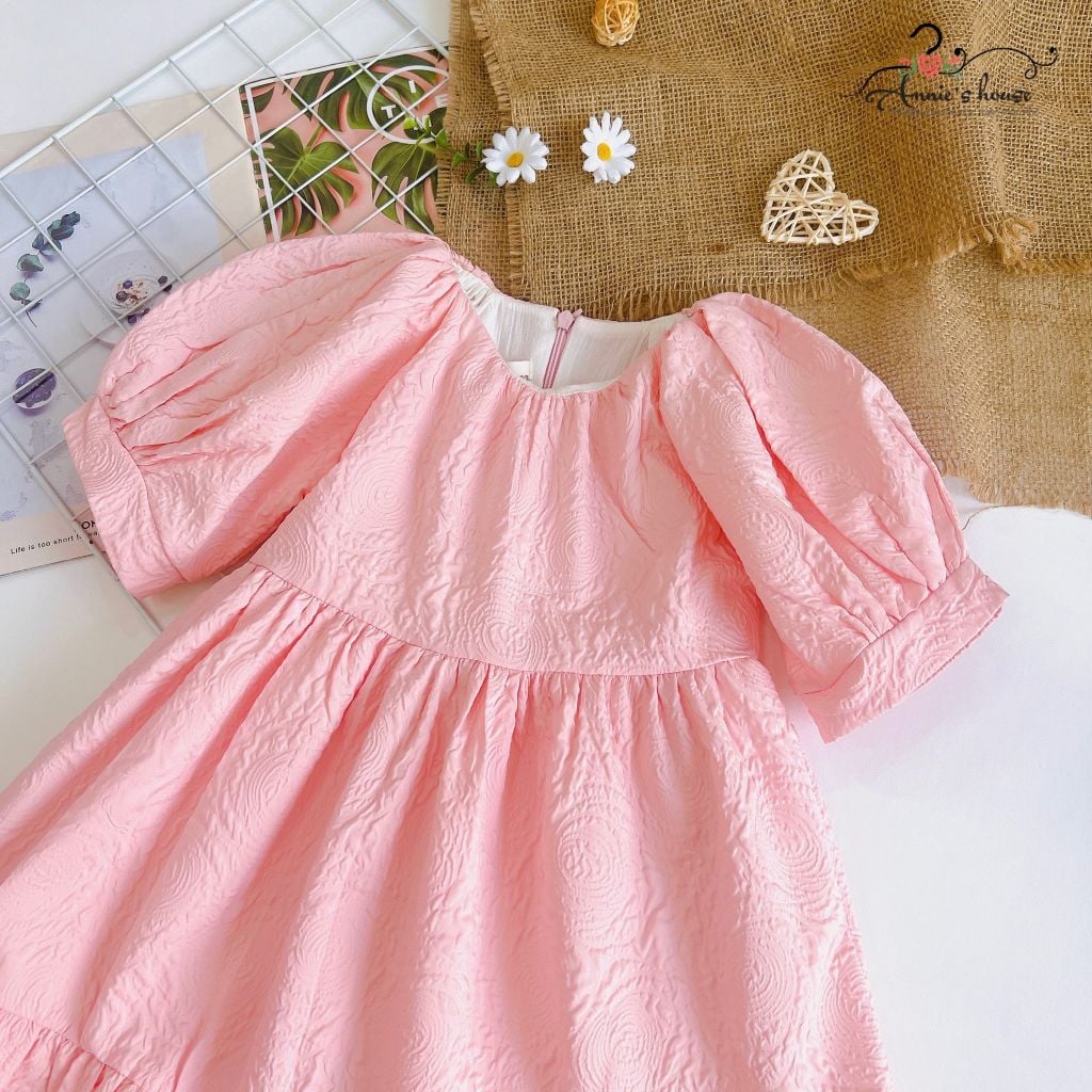  Đầm xốp gấm tay phồng - Hồng 