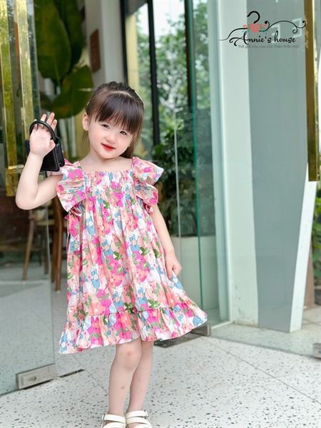  Đầm tay bèo nhún thun nơ 2 bên - Hoa Hồng 