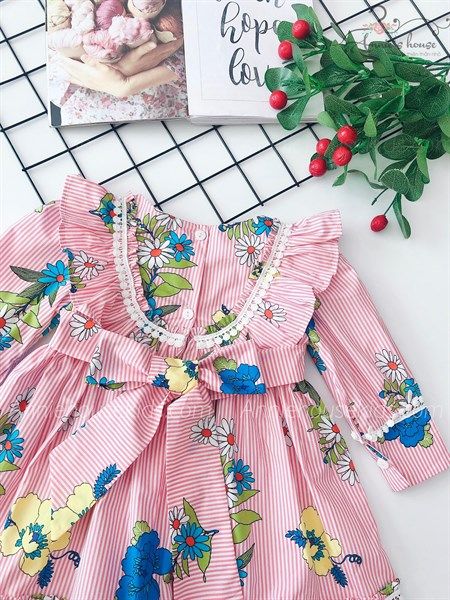  Đầm kẻ sọc hoa - Hồng 