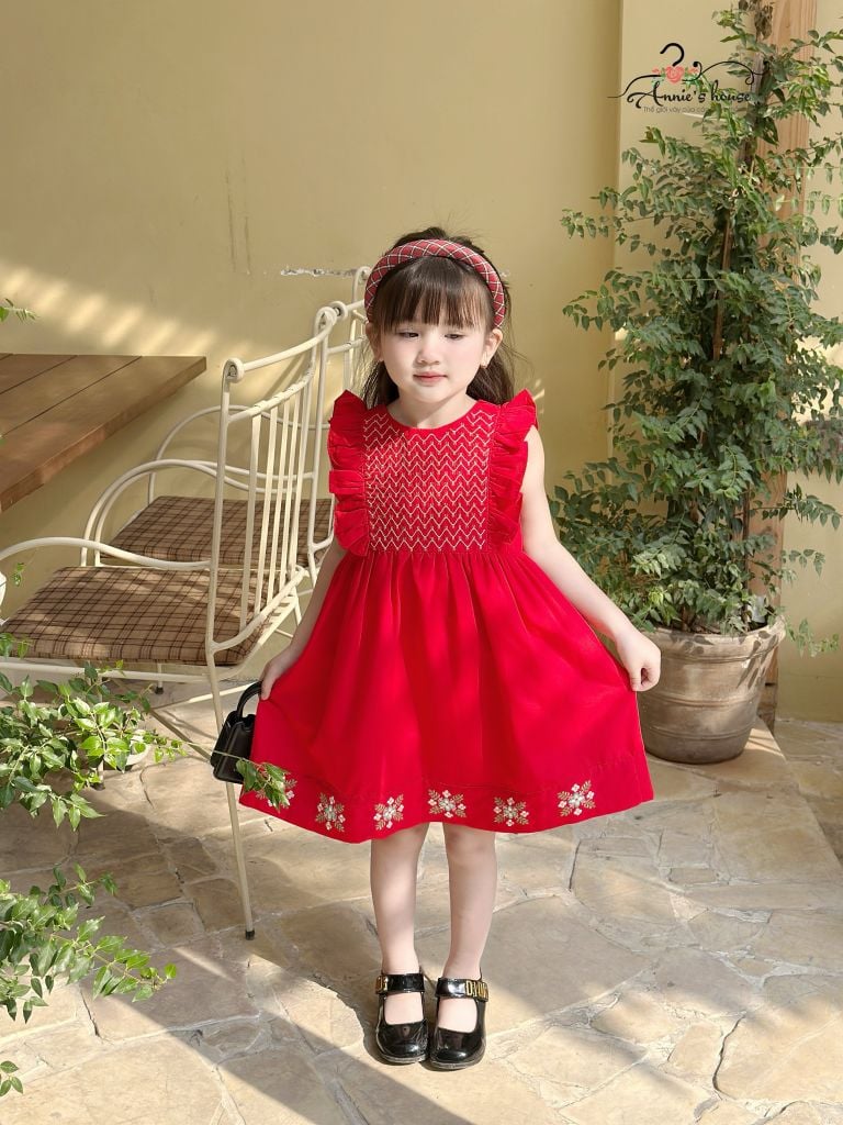  Đầm Tiểu Thư Thêu Gợn Sóng - Đỏ 