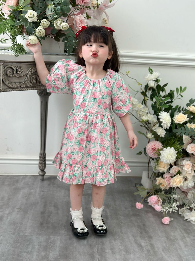  Đầm cổ nhún tay phồng - hoa hồng 