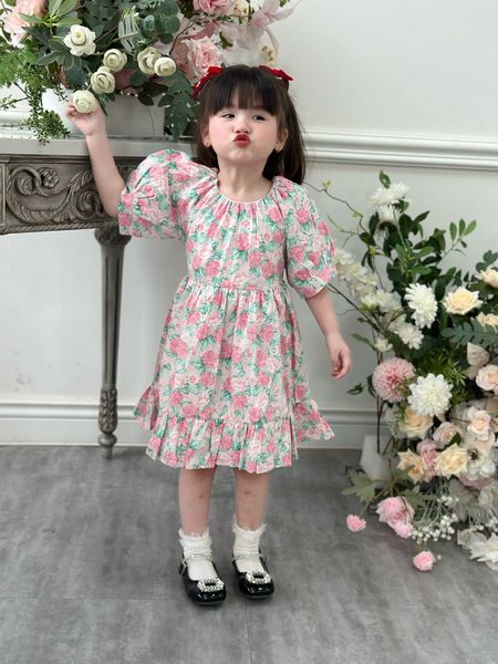  Đầm cổ nhún tay phồng - hoa hồng 