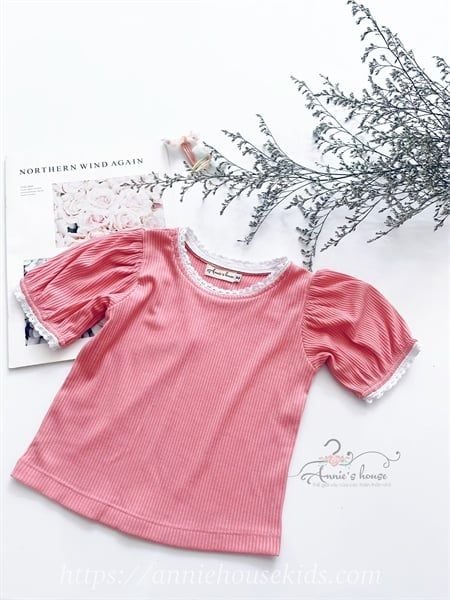  Áo thun tăm gân lớn viền ren - hồng 