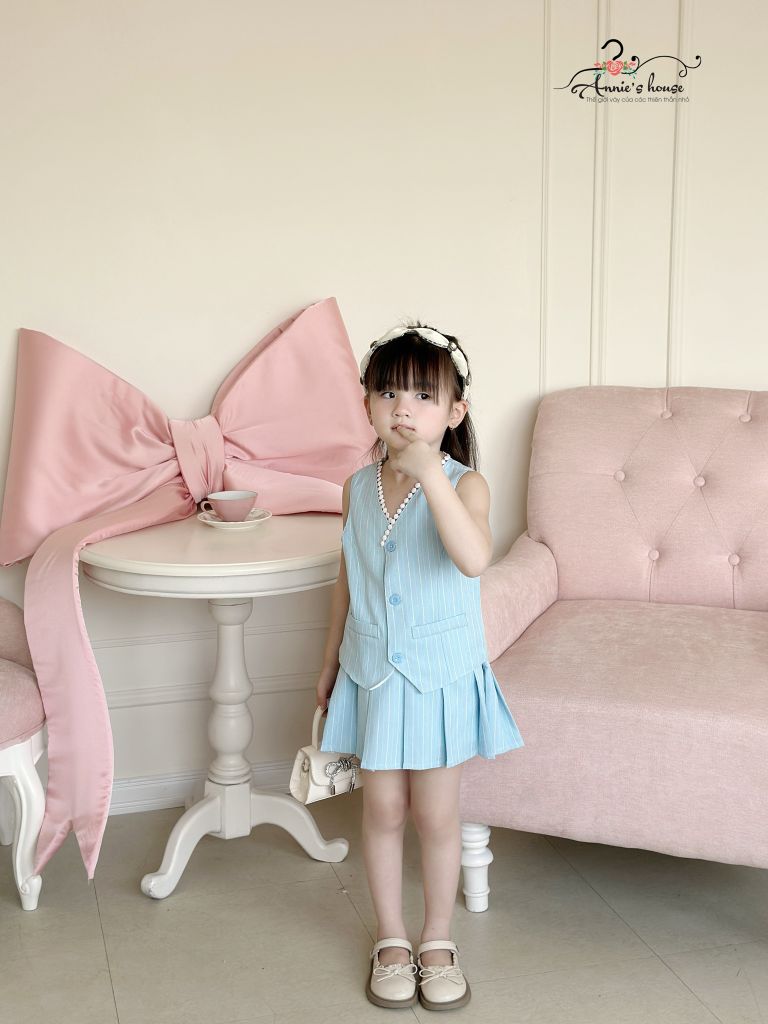  Set Gile chân váy dập li - Xanh 