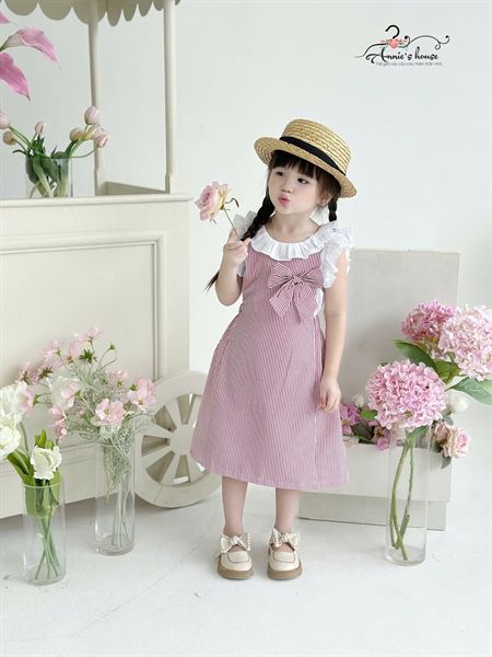  Set yếm nơ kẻ sọc - Đỏ 