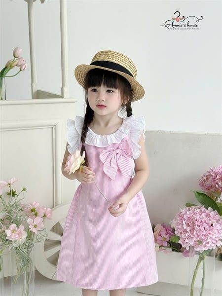  Set yếm nơ kẻ sọc - Hồng 