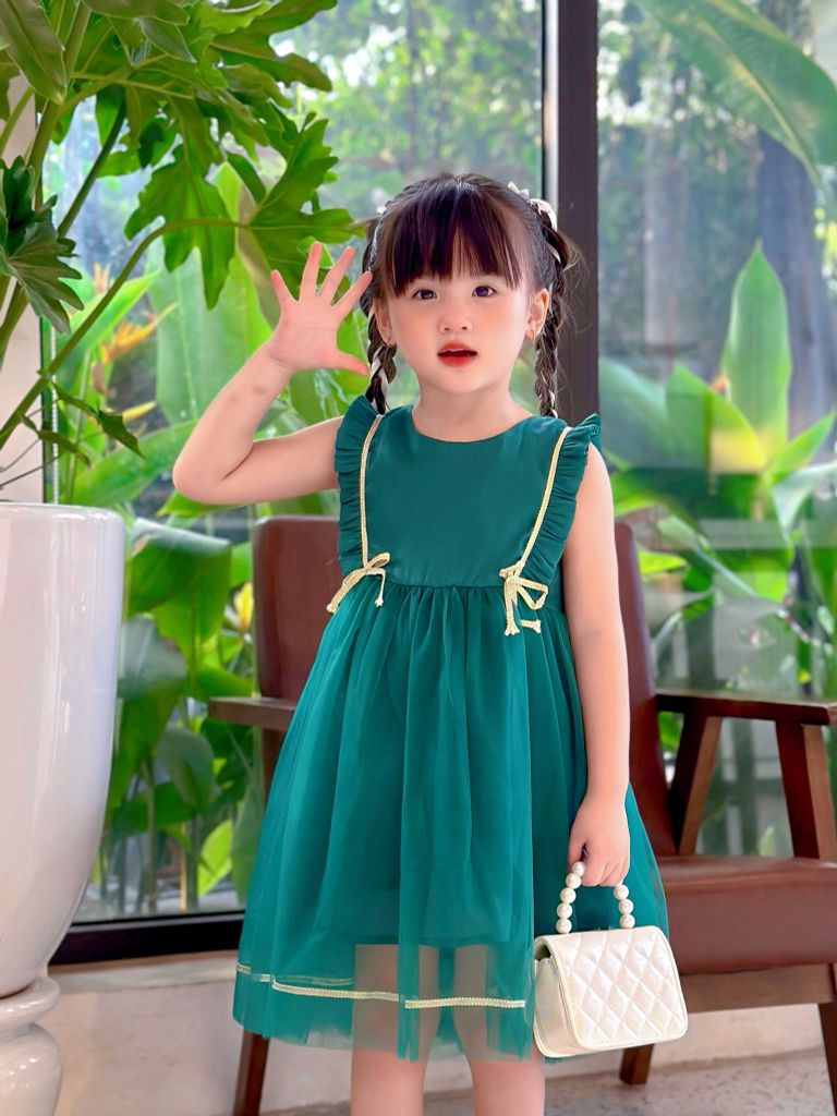  đầm voan phối nơ - Xanh 