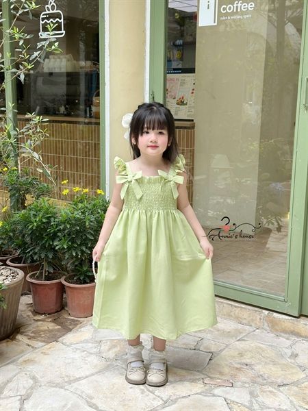  ĐẦM MAXI LUCIA - Nhún ngực tay cánh tiên đính nơ- Xanh Cốm 