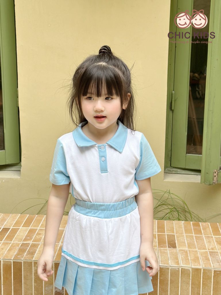  Set Active Chic - Thể Thao váy xếp pli - Trắng Xanh 