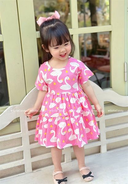  Đầm thun hồng họa tiết Thiên Nga SFA 