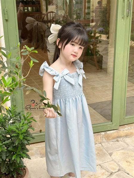  ĐẦM MAXI LUCIA - Nhún ngực tay cánh tiên đính nơ - Xanh Biển 