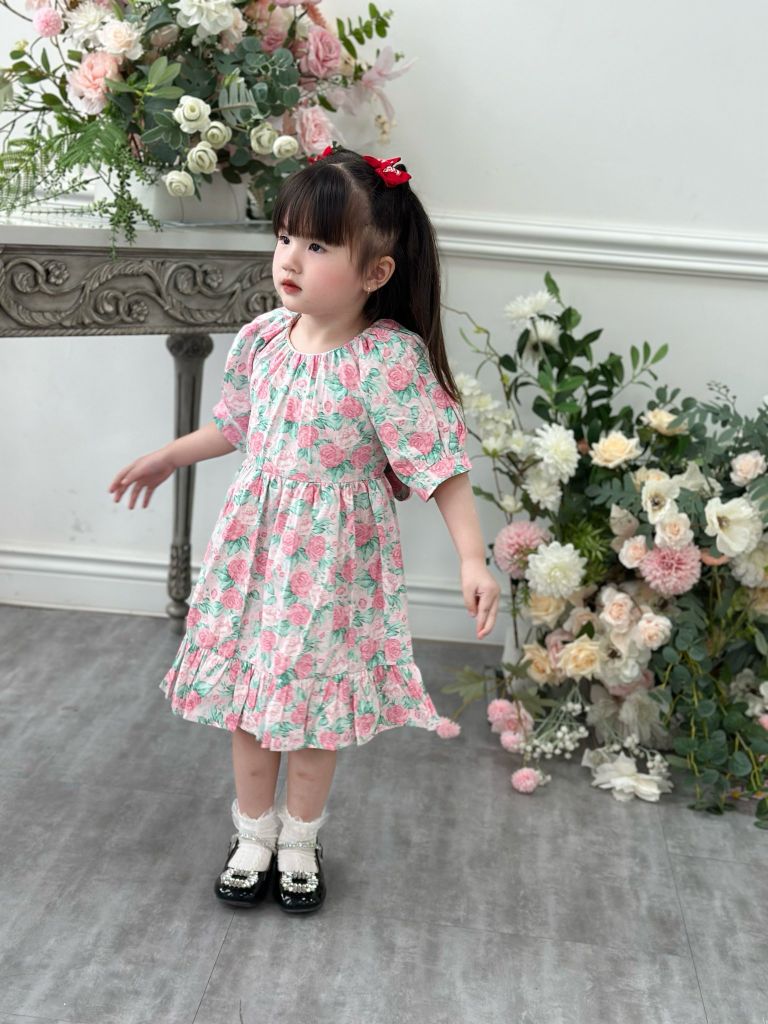  Đầm cổ nhún tay phồng - hoa hồng 