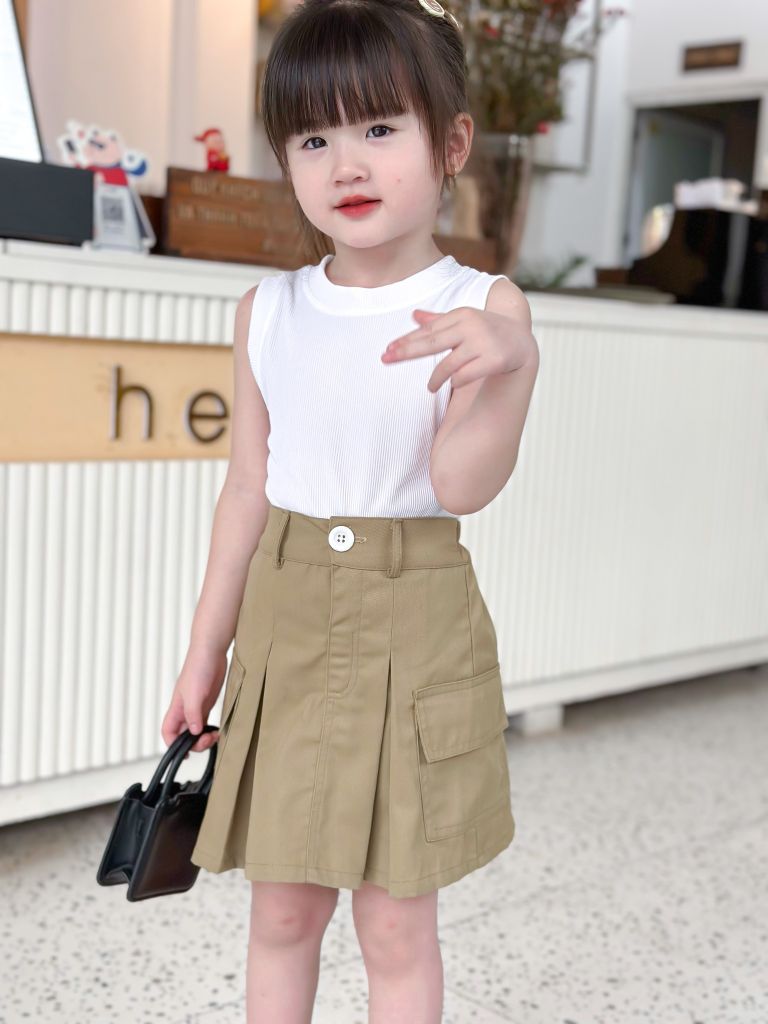  Chân váy kaki túi hộp - xanh rêu 