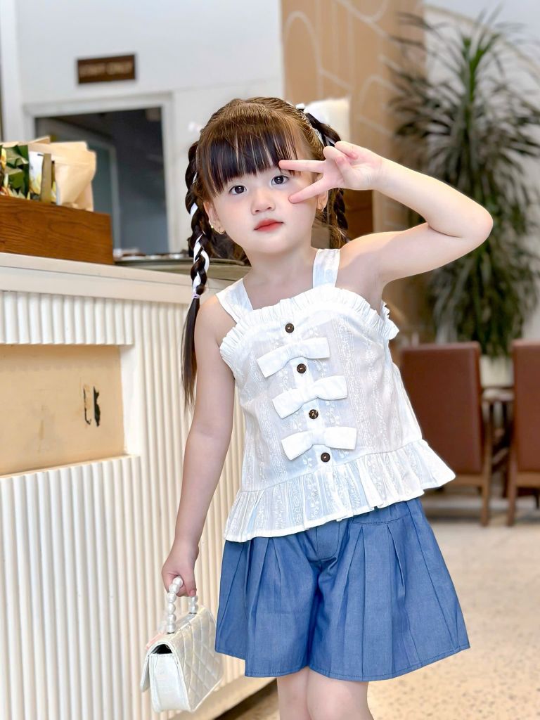  Set bộ áo nơ quần xếp li - Áo Trắng 