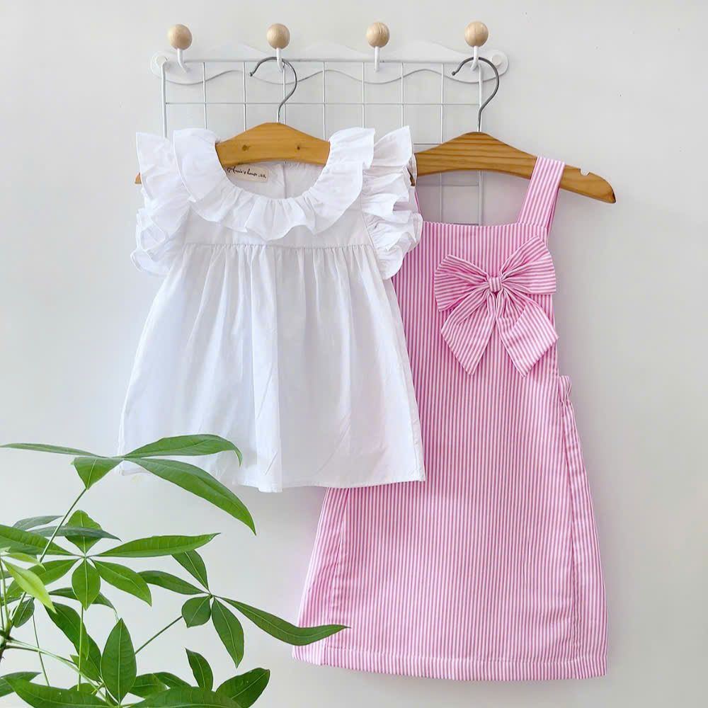  Set yếm nơ kẻ sọc - Hồng 