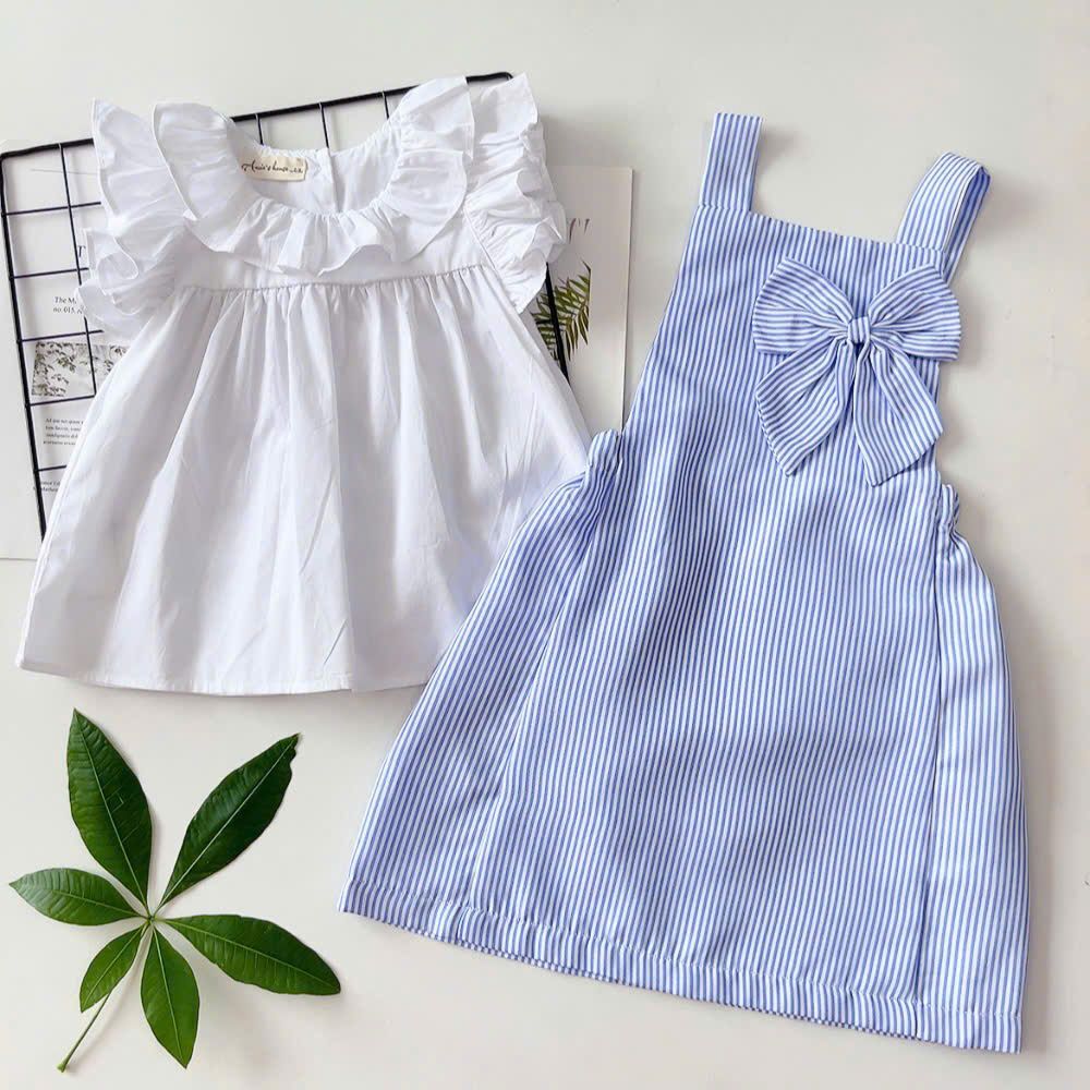  Set yếm nơ kẻ sọc - Xanh 