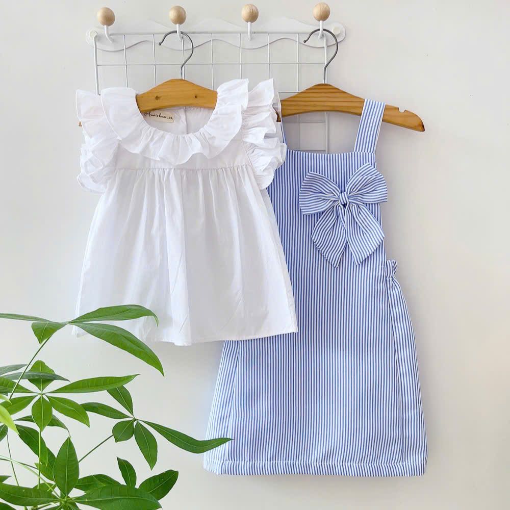  Set yếm nơ kẻ sọc - Xanh 