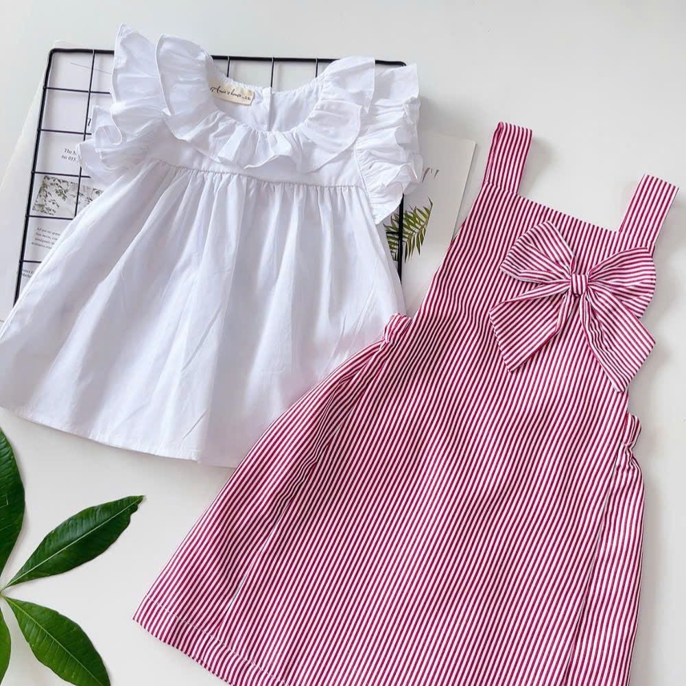  Set yếm nơ kẻ sọc - Đỏ 