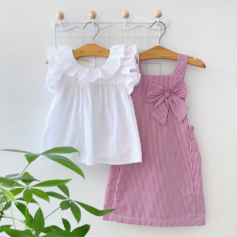  Set yếm nơ kẻ sọc - Đỏ 