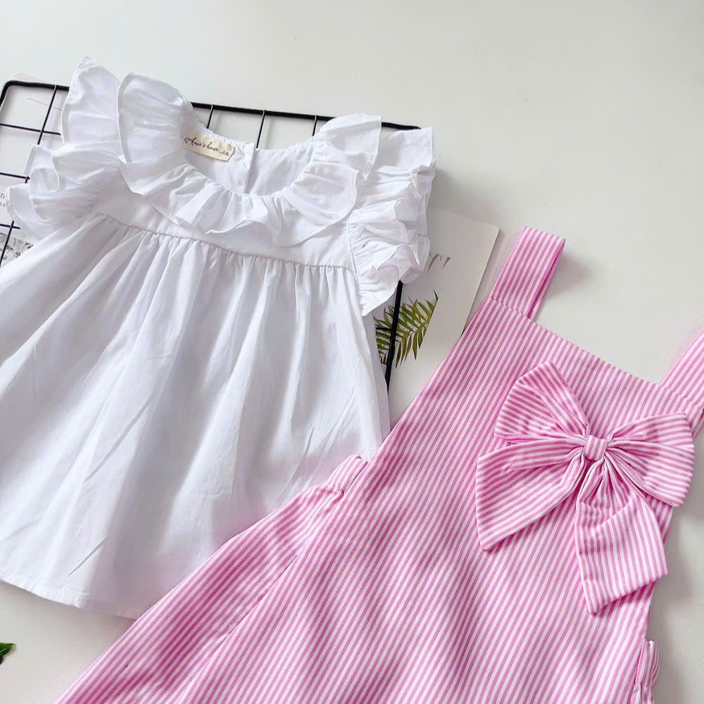  Set yếm nơ kẻ sọc - Hồng 