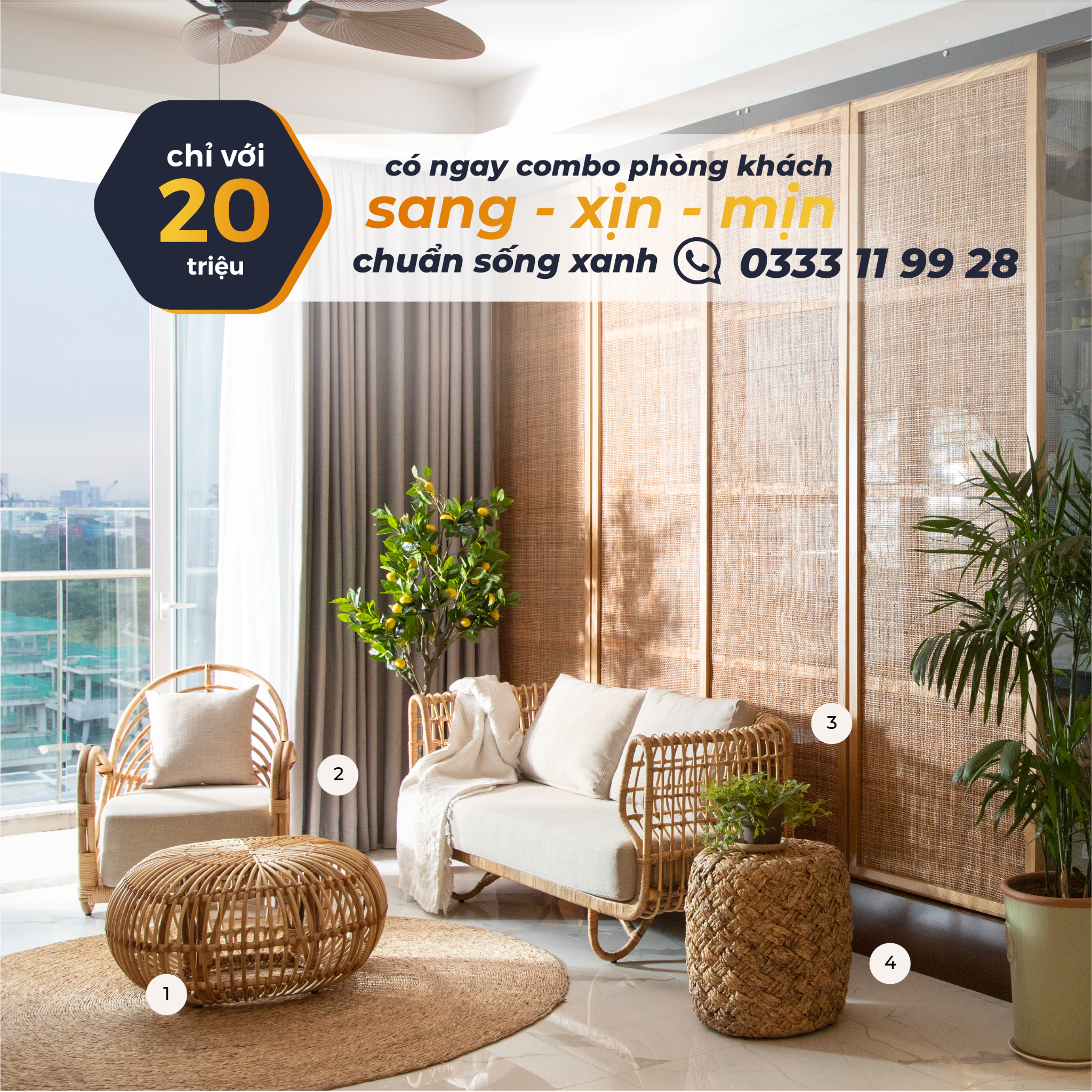  COMBO PHÒNG KHÁCH 4 MÓN - THE QUEEN - GỒM 1 SOFA MÂY TỰ NHIÊN, 1 BÀN, 1 GHẾ THƯ GIÃN, 1 ĐÔN LỤC BÌNH 