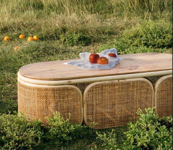  BÀN SOFA  LƯỚI MÂY MẶT GỖ OVAL 