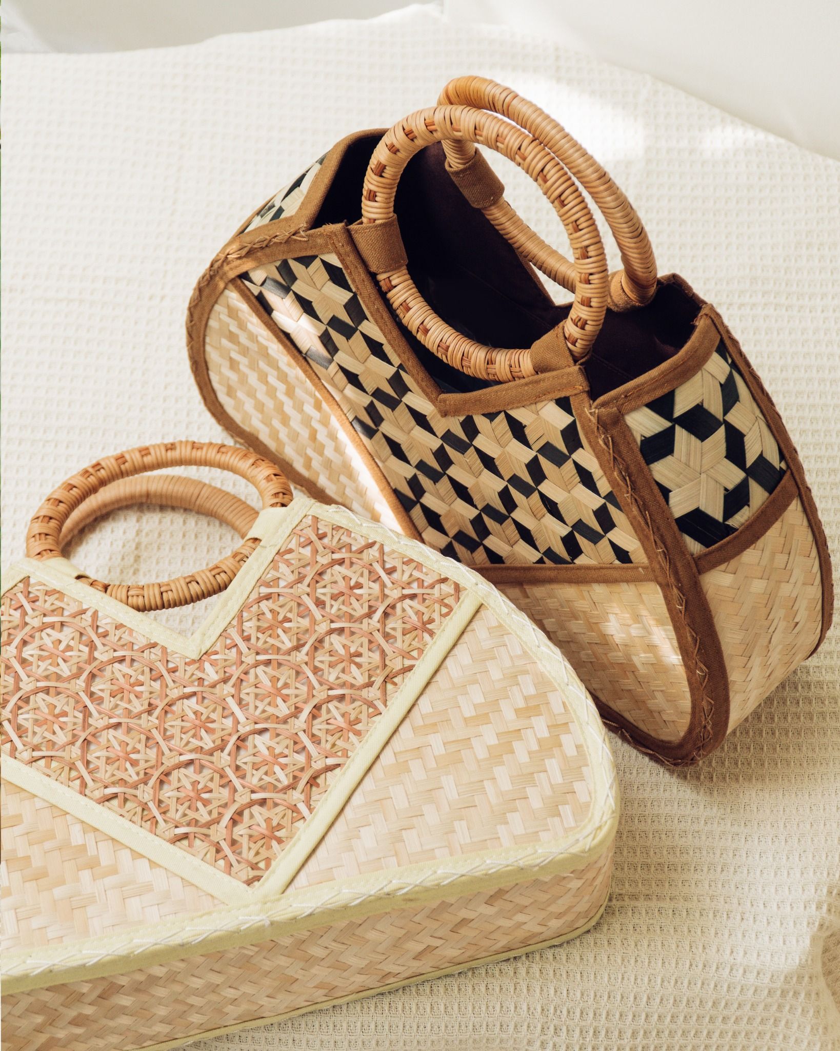  Túi vải họa tiết tre đan thủ công quai cầm gỗ kiểu dáng thanh lịch trang nhã - Mã sản phẩm HB03 