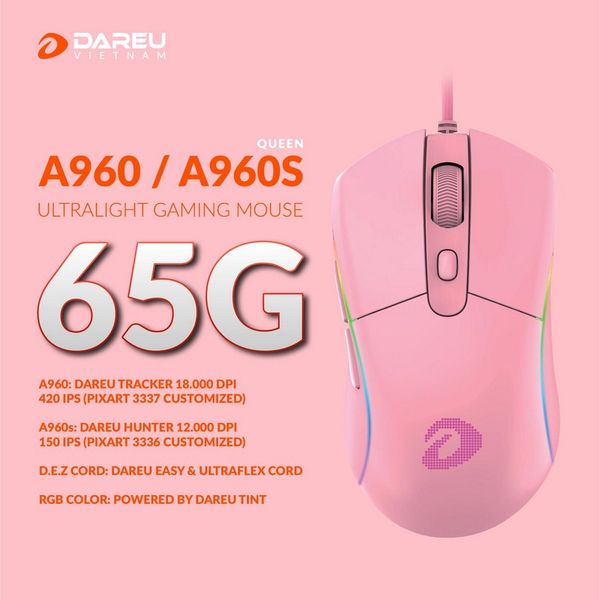 Chuột DareU A960S RGB Queen Pink Ultra LightWeight NEW BH 12 THÁNG