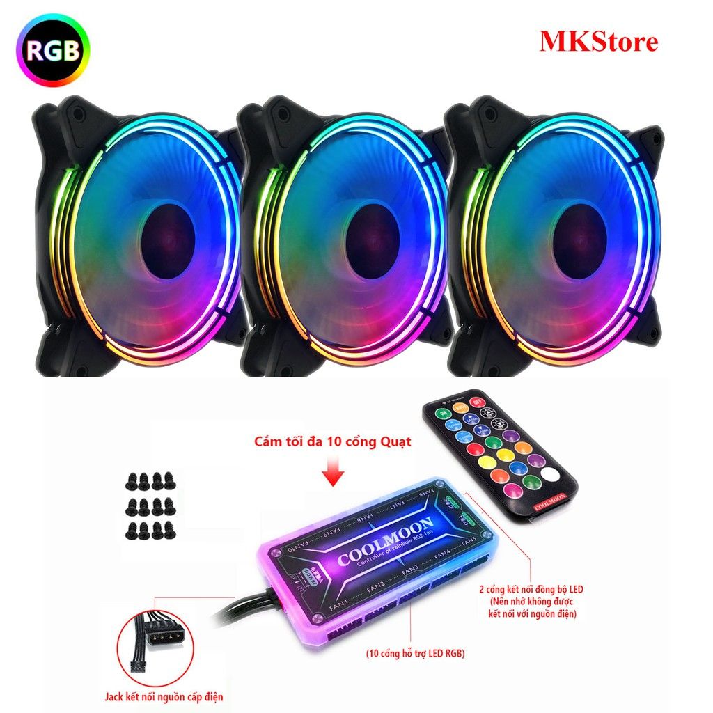 Bộ Quạt Tản Nhiệt 3 Fan Case Coolman Led RGB Dual Ring - Kèm Bộ Hub Và Remote - 075 new