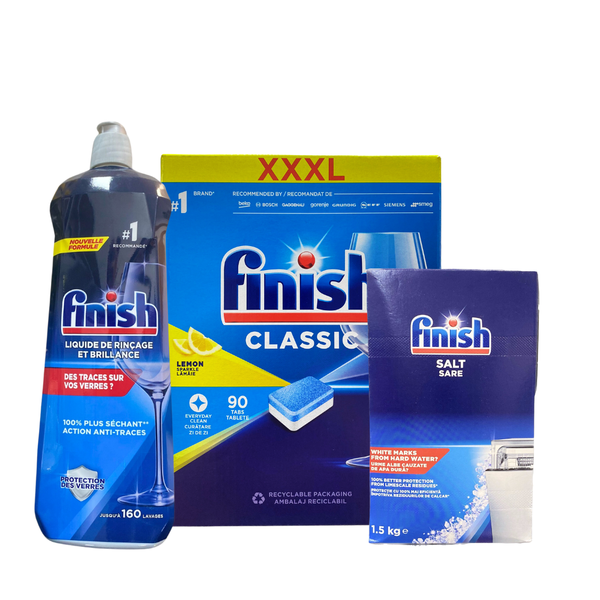  Combo viên rửa bát Finish Classic 90 viên Chanh + Muối 1.5 kg + Nước bóng 800ml Chanh 