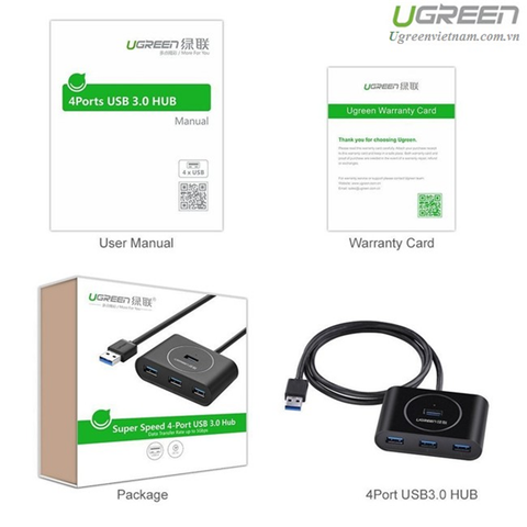 Bộ chia Hub USB 3.0 4 cổng dài 30cm đen Ugreen 20290