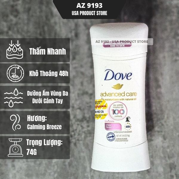  Lăn Khử Mùi Dove Advanced Care CLEAR FINISH - Sáp Trắng 74g 