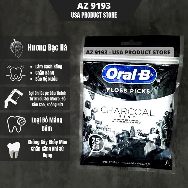  Tăm chỉ nha khoa Oral B CHARCOAL MINT (75 tăm) 