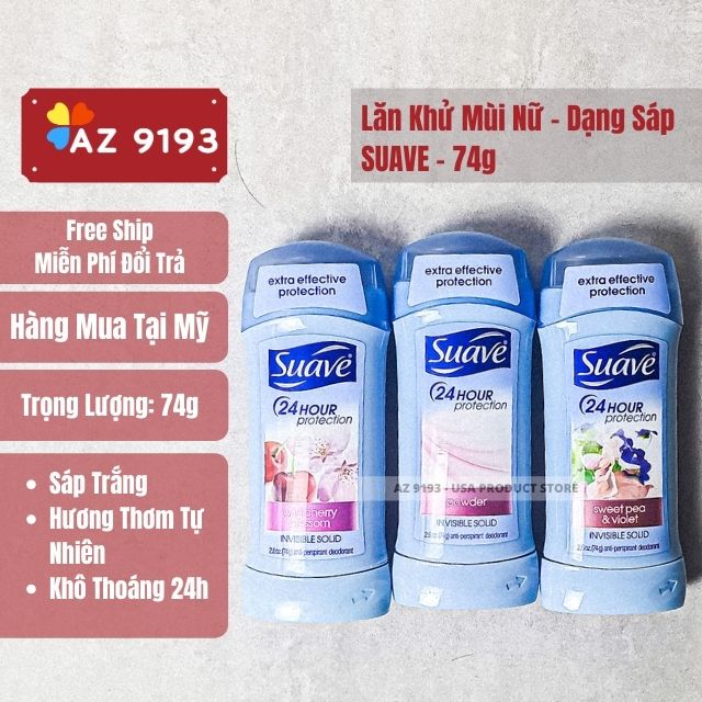  Lăn Khử Mùi Nữ Suave Sweet Pea và Violet 74g, Sáp Trắng - Hàng Mỹ 