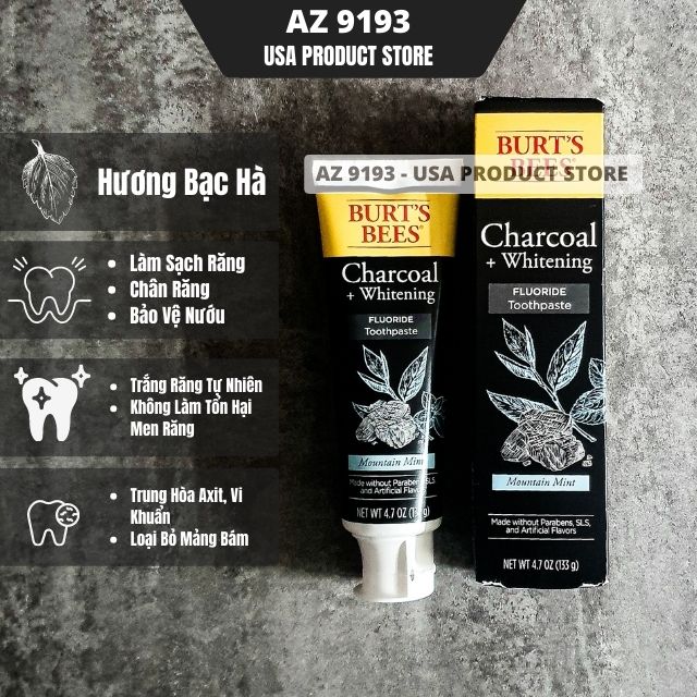  Kem Đánh Răng Burt's Bees CHARCOAL Whitening Fluoride Toothpaste 133g 