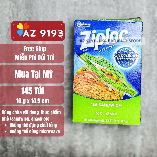  Túi Zip Đựng Thực Phẩm Ziploc SANDWICH, 145 túi, kích thước 16.5 cm x 14.9 cm 