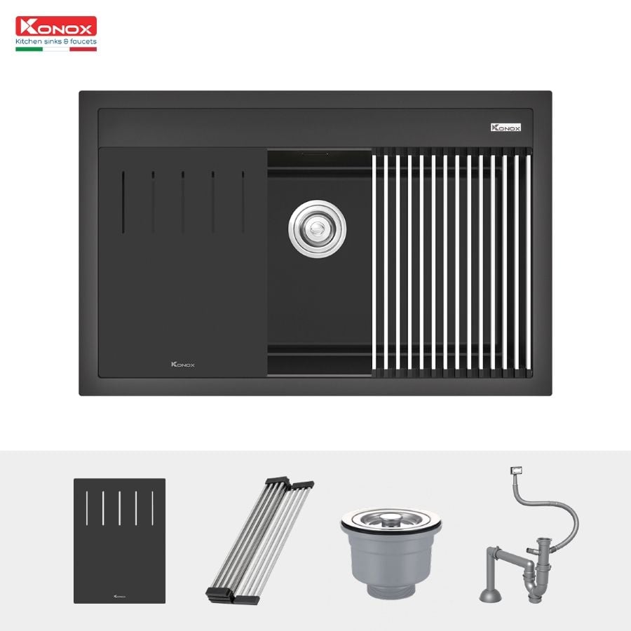  Mua Chậu rửa bát đá Konox Terra 790S Black  + Vòi rửa Konox cao cấp tặng Bộ dao 5 món Impecca 