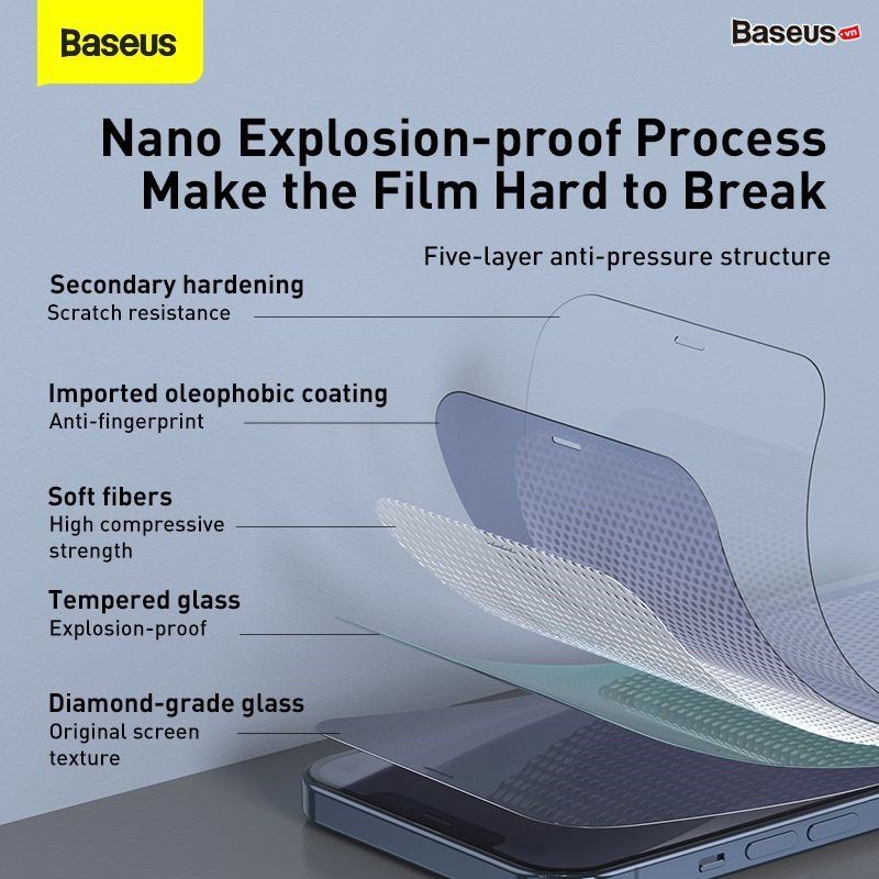  Kính cường lực 5 lớp chống trầy, siêu bền dùng cho iPhone 12 Series Baseus Full-Glass Tempered Glass Film (0.3mm, Bộ 2 miếng ) 